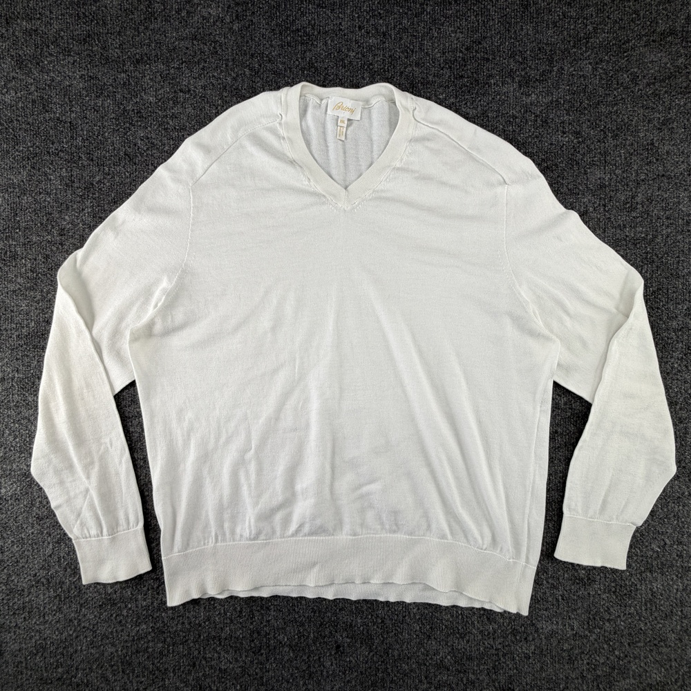 Brioni Sweater Mens 2XL White Cotton V-Neck Lightweight Knit Pullover Italy